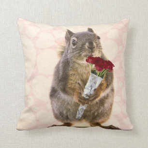 Squirrel with Bouquet of Red Roses Cushion