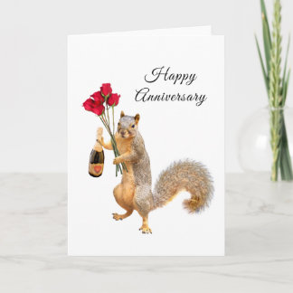 Squirrel with Champagne and Roses Anniversary Card