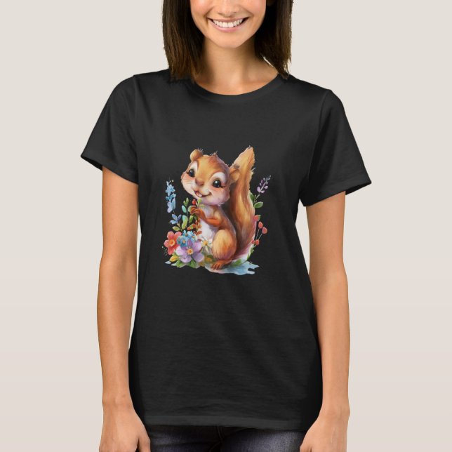 squirrel with flowers cute chipmunk squirrels anim T-Shirt (Front)