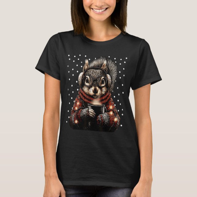Squirrel With Gles Christmas Lights Funny Coffee W T-Shirt (Front)