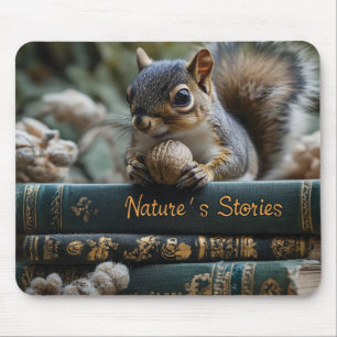 Squirrel with Nut on Antique Books, Nature's Story Mouse Pad