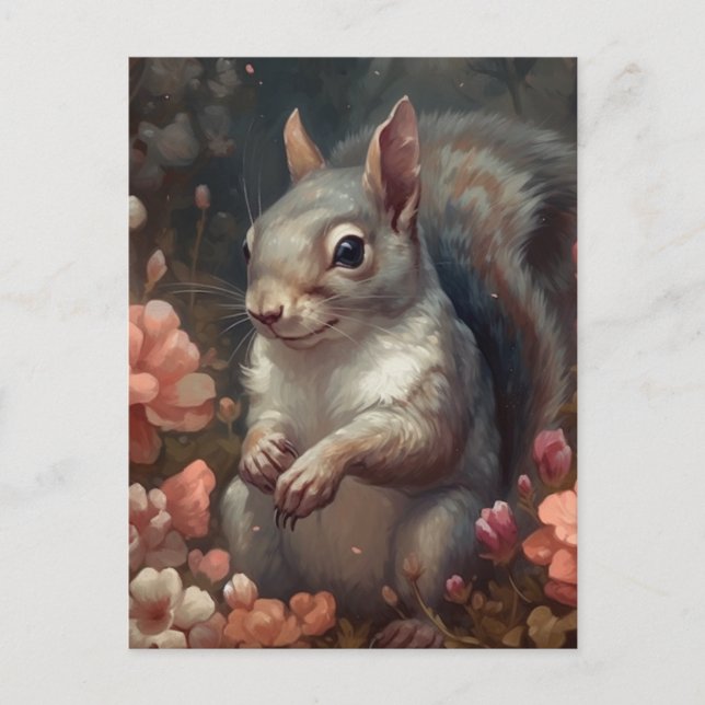 Squirrel With Pink Flowers Postcard (Front)