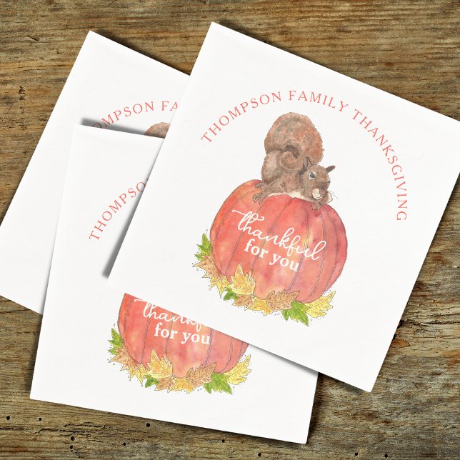 Squirrel with Pumpkin Thanksgiving Napkin (Personalized Squirrel Thanksgiving Napkins)