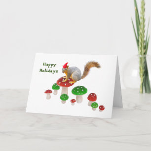 Squirrel with Red and Green Mushrooms Holiday Card