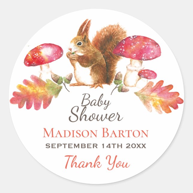 Squirrel Woodland Autumn Watercolor Baby Shower Classic Round Sticker (Front)
