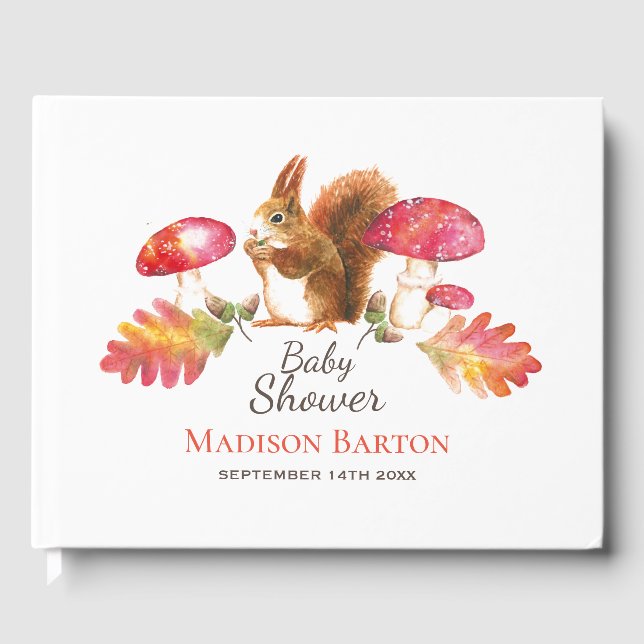 Squirrel Woodland Autumn Watercolor Baby Shower Guest Book (Front)