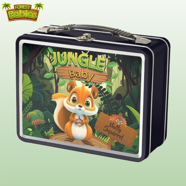 Squirrel Woodland Wildlife Forest Animal Lovers 🐿 Metal Lunch Box (Cute Jungle Baby Nutty Squirrel Whimsical Woodland Wildlife Animal Nature Black Metal Lunch Box 🐿)