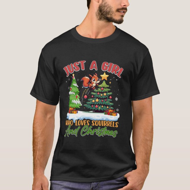 Squirrels Acorn Just A Girl Christmas Lights Tree  T-Shirt (Front)