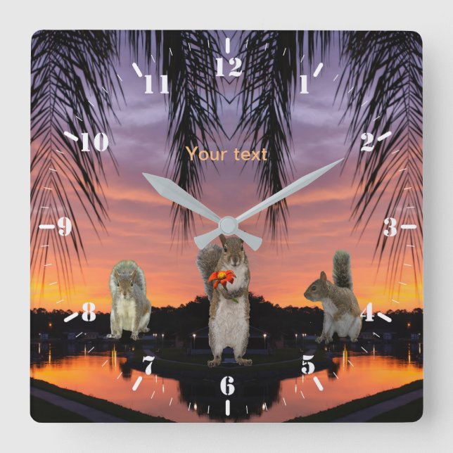 Squirrels at sunset through palm silhouettes       square wall clock (Front)