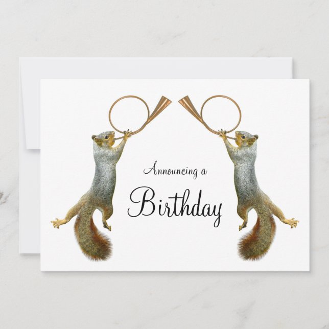 Squirrels Blowing Horns Birthday Invitation (Front)