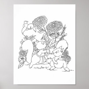 Squirrels Flowers Forest Animals Coloring page Poster