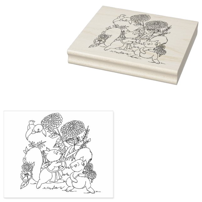 Squirrels Flowers Forest Animals Colouring page  Rubber Stamp (Stamped)