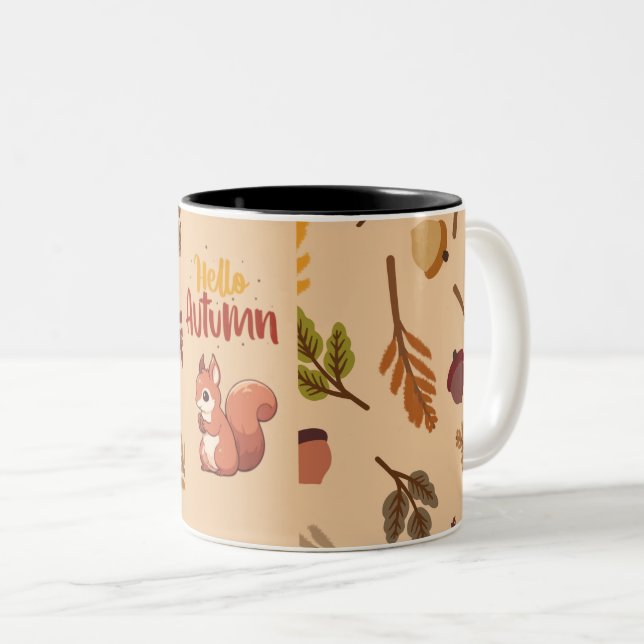 Squirrels Hello Autumm Two-Tone Coffee Mug (Front Right)