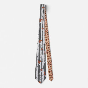 Squirrels in birch trees on grey, acorns under tie