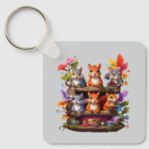 Squirrels On A Wooden Bookshelf Key Ring