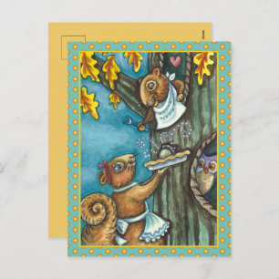 SQUIRRELS & OWL THANKSGIVING, HOMEMADE ACORN PIE HOLIDAY POSTCARD