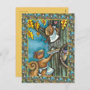 SQUIRRELS & OWL THANKSGIVING, HOMEMADE ACORN PIE HOLIDAY POSTCARD