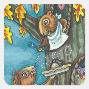 SQUIRRELS & OWL THANKSGIVING, HOMEMADE ACORN PIE SQUARE STICKER