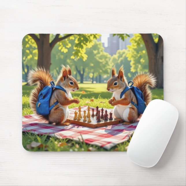 Squirrels Playing Chess In a City Park Mouse Pad (With Mouse)