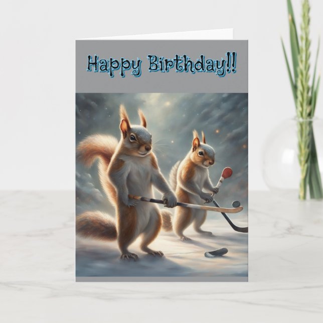Squirrels playing Hockey Birthday Card (Front)