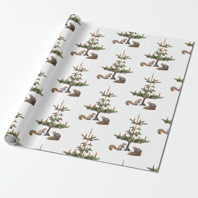 Squirrels Red Candles Tree Wrapping Paper (Unrolled)
