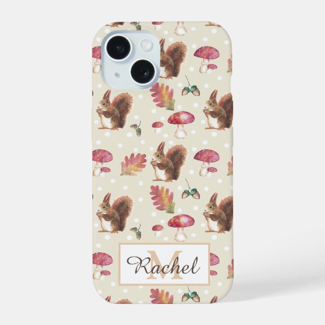 Squirrels & Toadstools Autumn Pattern Personalised iPhone 15 Case (Back)