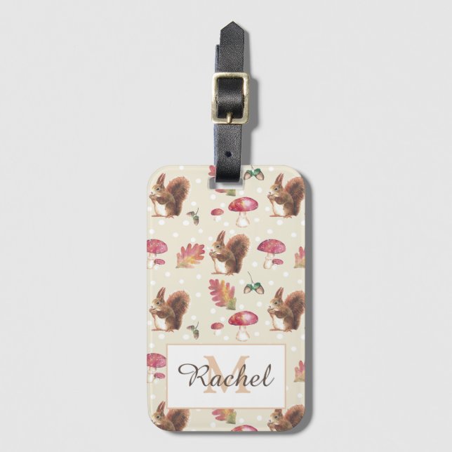 Squirrels & Toadstools Autumn Pattern Personalised Luggage Tag (Front Vertical)