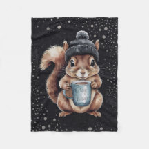 Squirrels with cup and snow "Stay Warm"