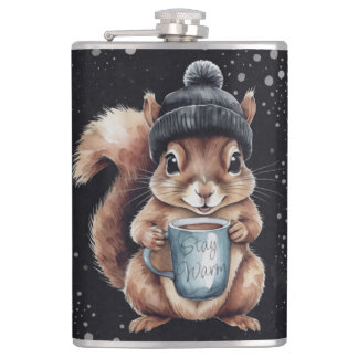 Squirrels with cup and snow "Stay Warm" Hip Flask