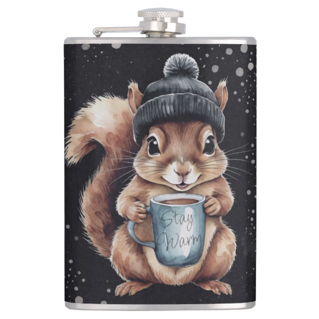 Squirrels with cup and snow "Stay Warm" Hip Flask (Front)
