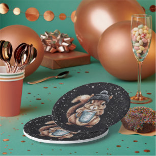 Squirrels with cup and snow "Stay Warm" Paper Plate