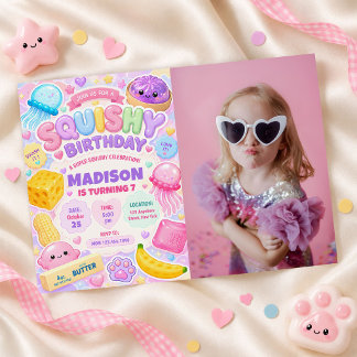 Squishy Girl Cute Kawaii Colourful Birthday Photo Invitation