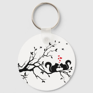 Squrrels with red hearts on tree branch key ring