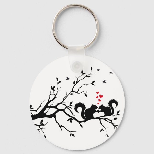 Squrrels with red hearts on tree branch key ring (Front)