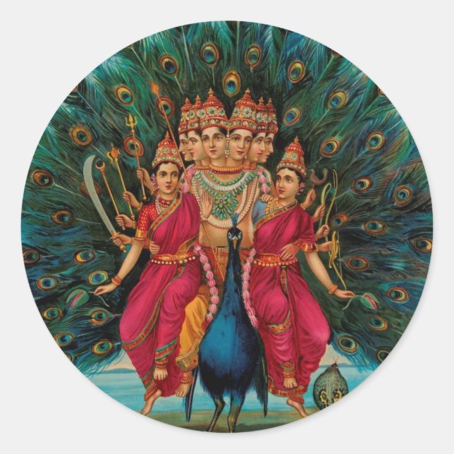 Sri Shanmukaha Subramania Swami by Raja Ravi Varma Classic Round Sticker (Front)