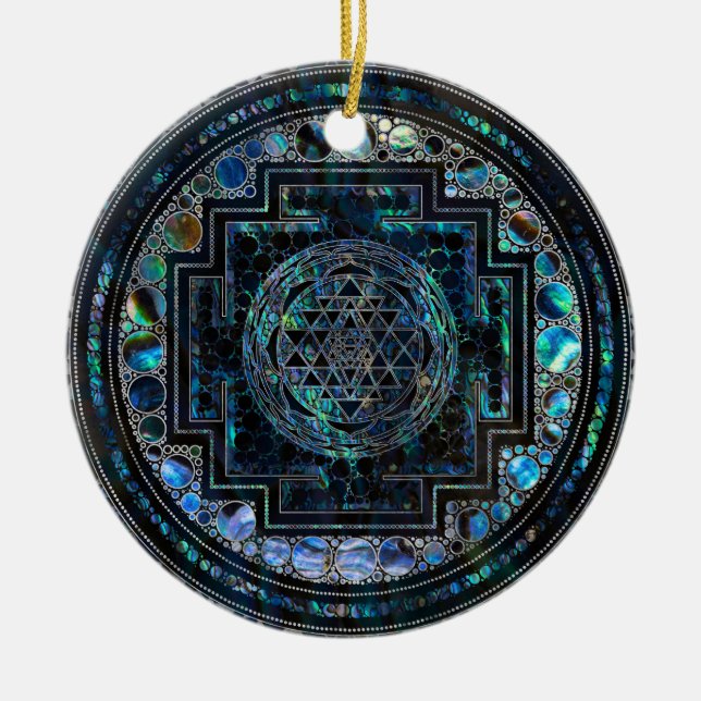 Sri Yantra  / Sri Chakra Abalone Shell and Silver Ceramic Tree Decoration (Front)