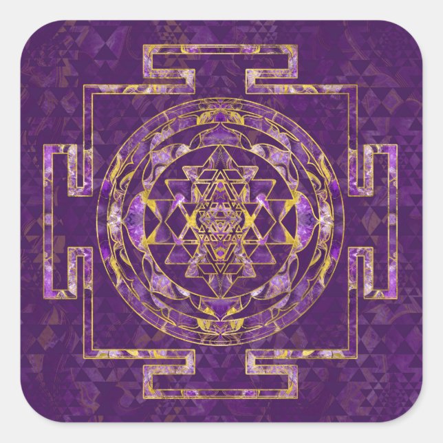 Sri Yantra  / Sri Chakra Amethyst and gold Square Sticker (Front)