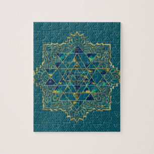 Sri Yantra  / Sri Chakra Gold, Marble and Teal Jigsaw Puzzle