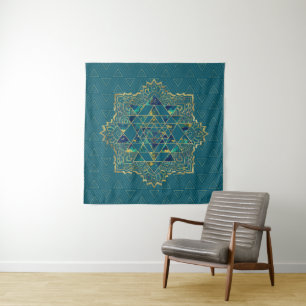 Sri Yantra  / Sri Chakra Gold, Marble and Teal Tapestry