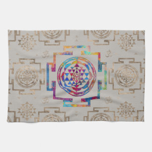 Sri Yantra / Sri Chakra in colour on canvas Tea Towel