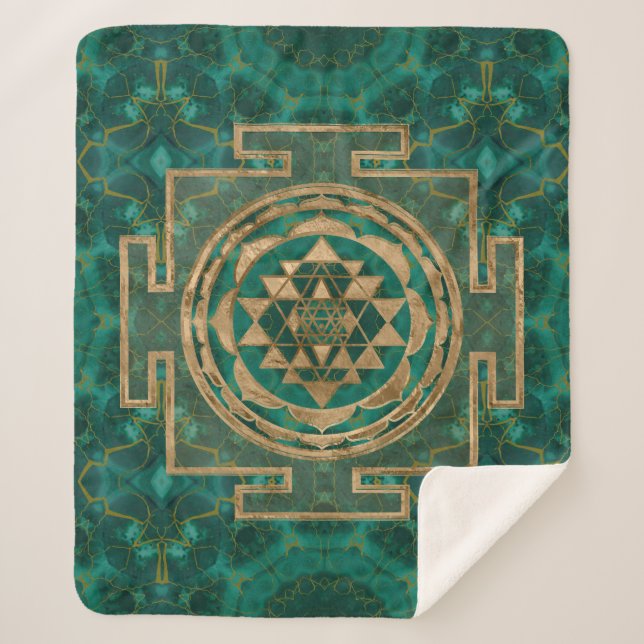 Sri Yantra  / Sri Chakra Malachite and gold Sherpa Blanket (Front)
