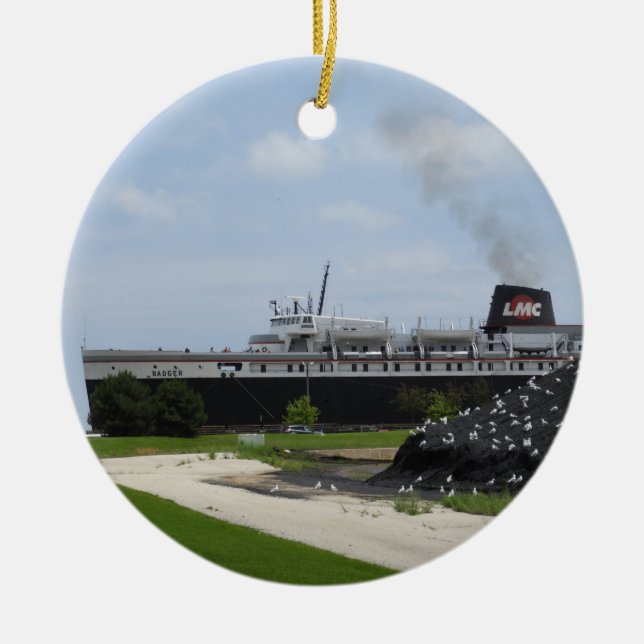 SS Badger Coal Ship Loading in Manitowoc WI Ceramic Tree Decoration (Front)