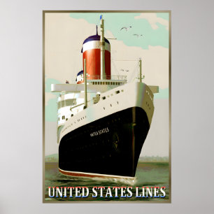 SS UNITED STATES Lines New Retro Travel Poster