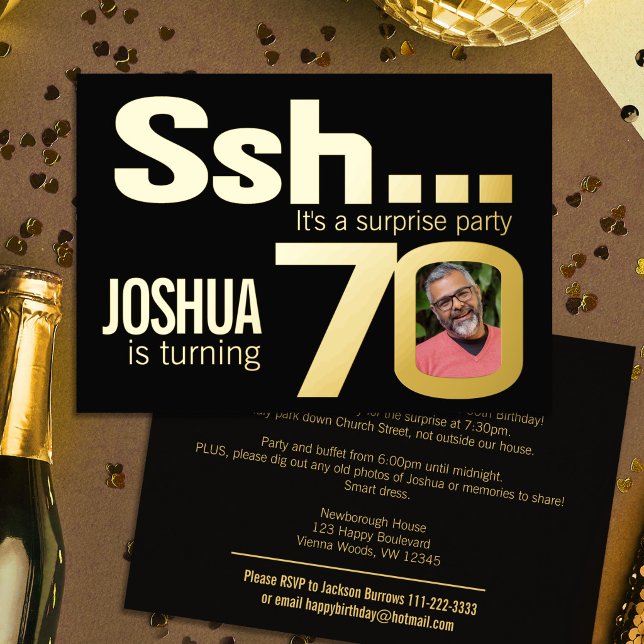 Ssh... Surprise 70th Birthday party gold black (Creator Uploaded)