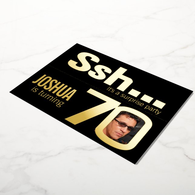 Ssh... Surprise 70th Birthday party gold black (Rotated)