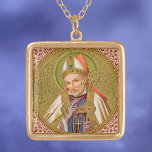 St. Alphonsus Liguori (SNV 02) (Square) Gold Plated Necklace<br><div class="desc">St. Alphonsus Maria de Liguori (1696–1787) was an Italian nobleman, a lawyer turned priest, prolific writer, founder of the Redemptorists, Bishop, and Doctor of the Church. Here, he is portrayed wearing his Bishop’s regalia—white mitre and cope, light violet gloves, blue-violet robe, and gold pectoral cross. He carries his crosier or...</div>