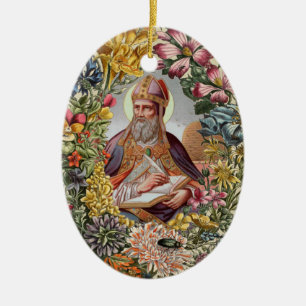 St. Ambrose of Milan with Flowers, Bees, and Hive Ceramic Tree Decoration