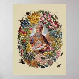 St. Ambrose of Milan with Flowers, Bees, and Hive Poster
