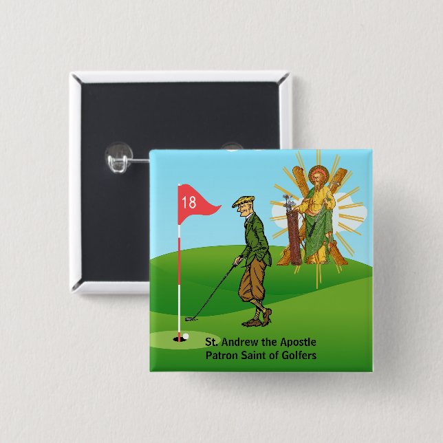 St. Andrew and Dapper Male Golfer 15 Cm Square Badge (Front & Back)