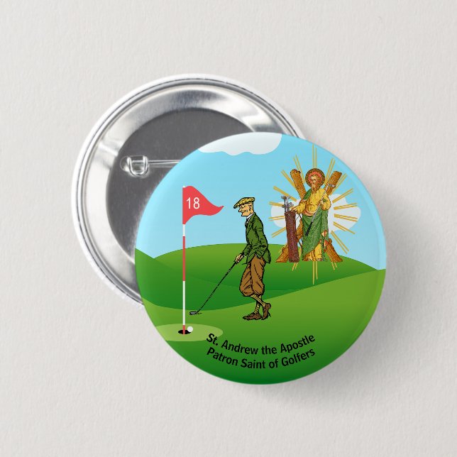 St. Andrew and Dapper Male Golfer 6 Cm Round Badge (Front & Back)